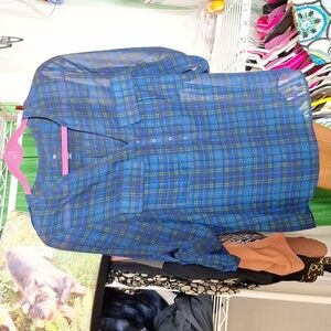GAP BLUE PLAID SHEER BLOUSE SIZE SMALL